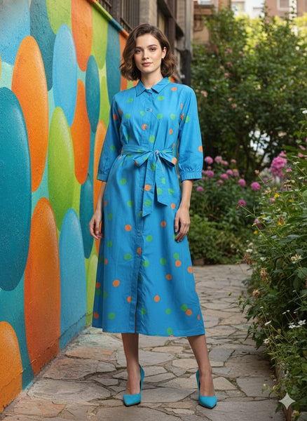 Green - orange polka [ long shirt with belt ]
