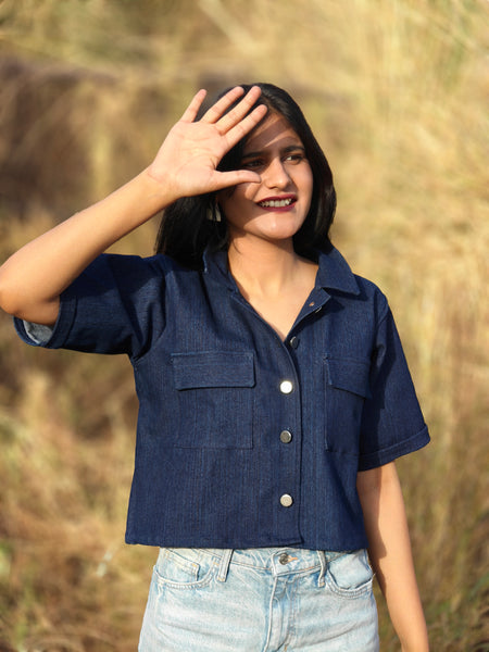 Dark blue denim crop shirt