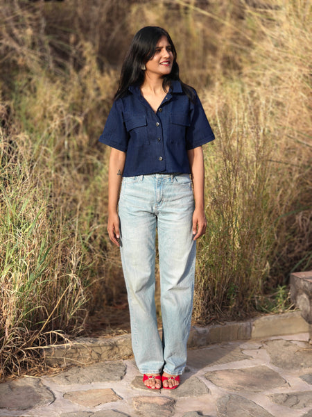 Dark blue denim crop shirt
