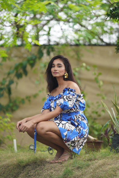 Blue pores ( off- shoulder dress with belt )