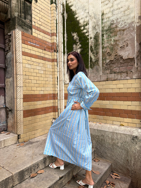 Blue striped midi dress