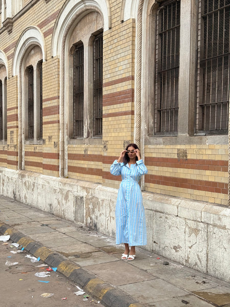 Blue striped midi dress