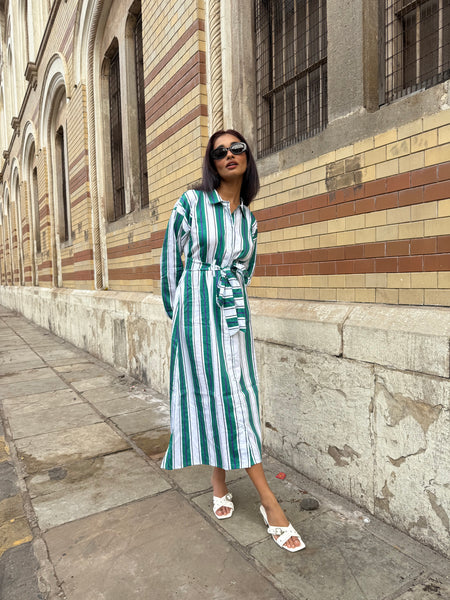 Green white striped midi with belt