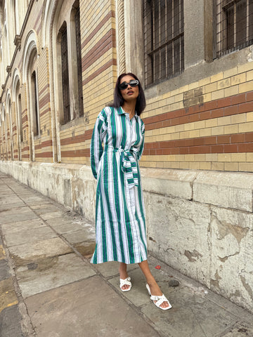 Green white striped midi with belt