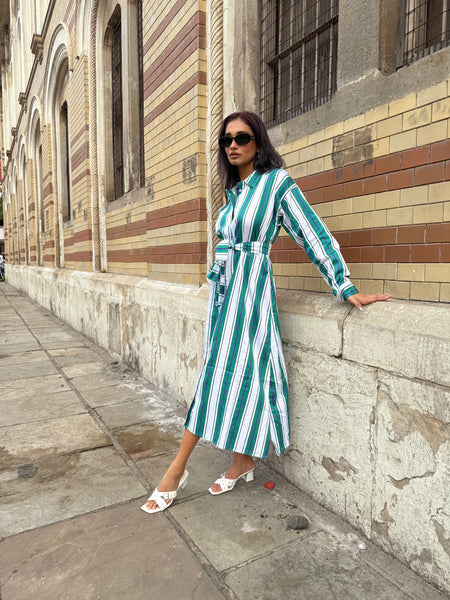 Green white striped midi with belt