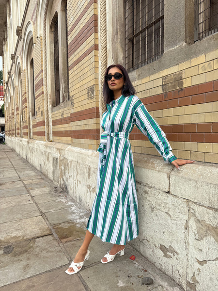 Green white striped midi with belt