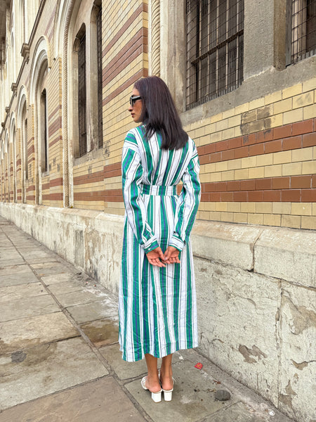 Green white striped midi with belt