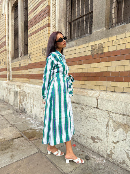 Green white striped midi with belt