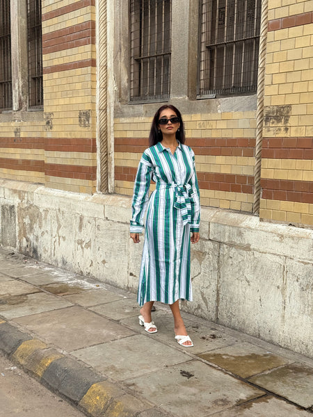 Green white striped midi with belt