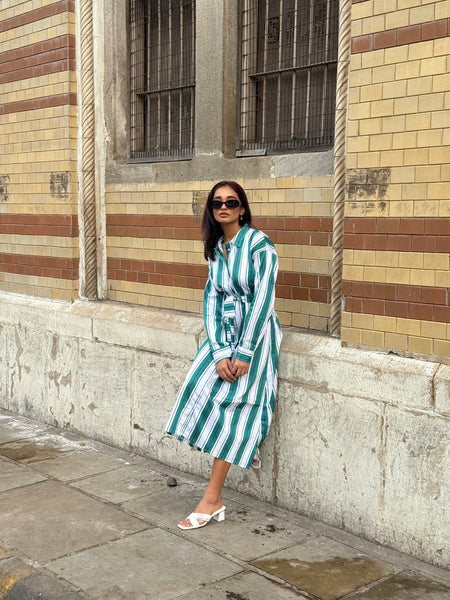 Green white striped midi with belt