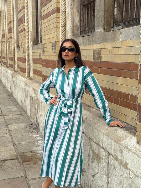 Green white striped midi with belt