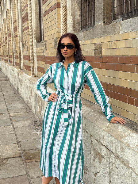 Green white striped midi with belt