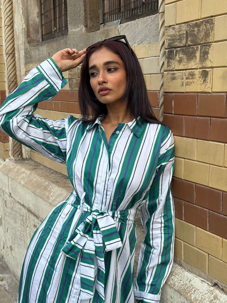 Green white striped midi with belt