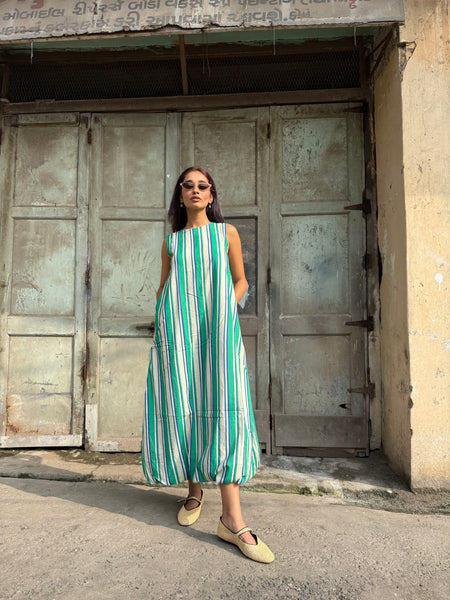 striped balloon long dress