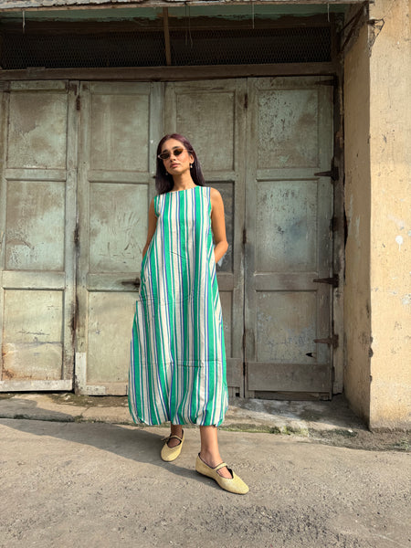 striped balloon long dress