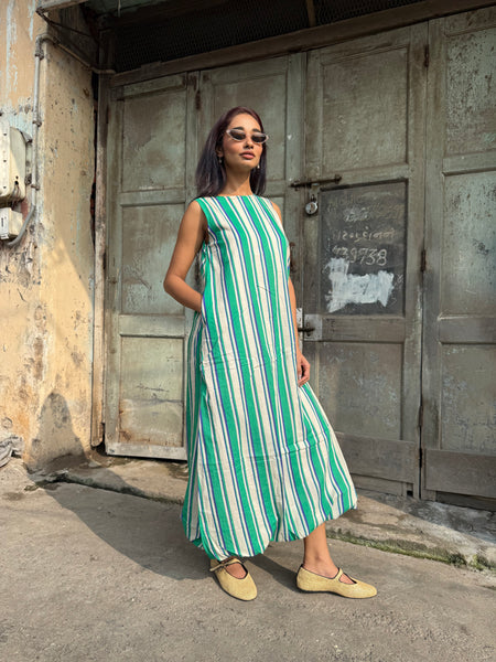 striped balloon long dress