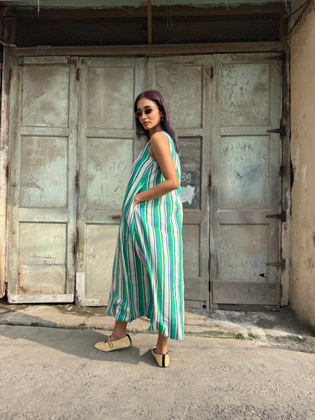 striped balloon long dress