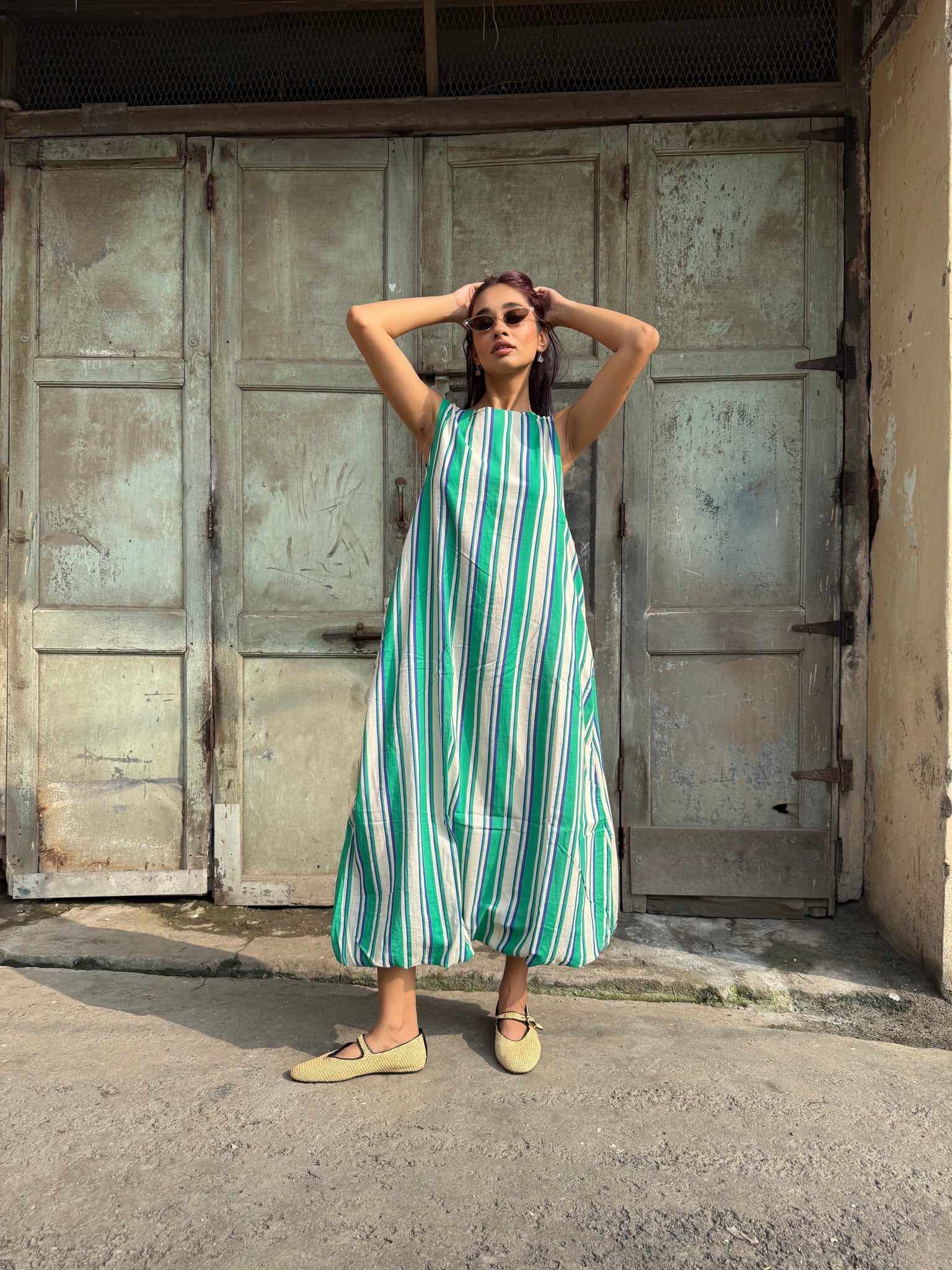 striped balloon long dress