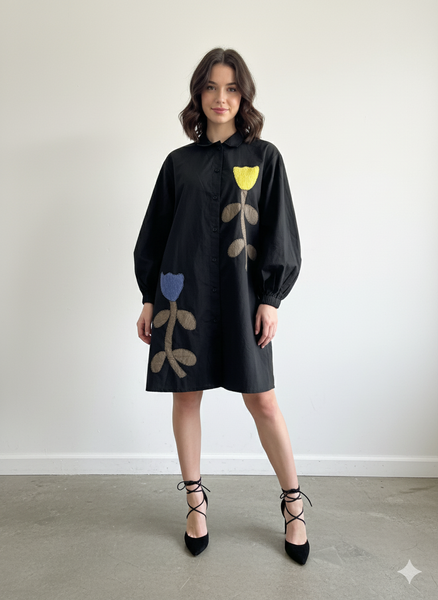 Black appliqué shirt dress
