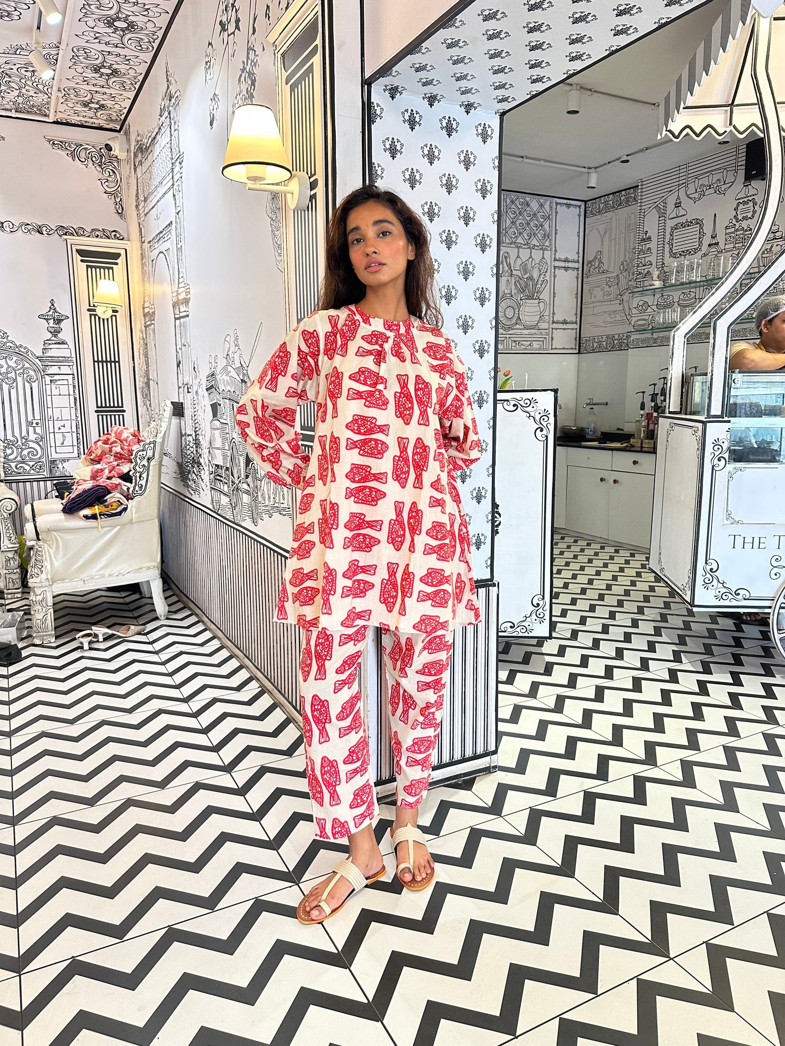 Red fish kurta set
