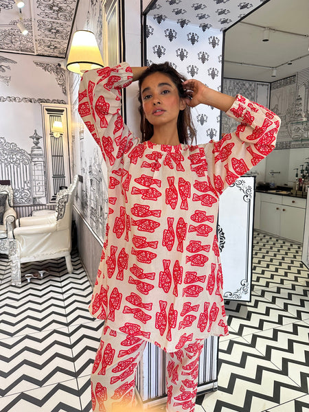Red fish kurta set